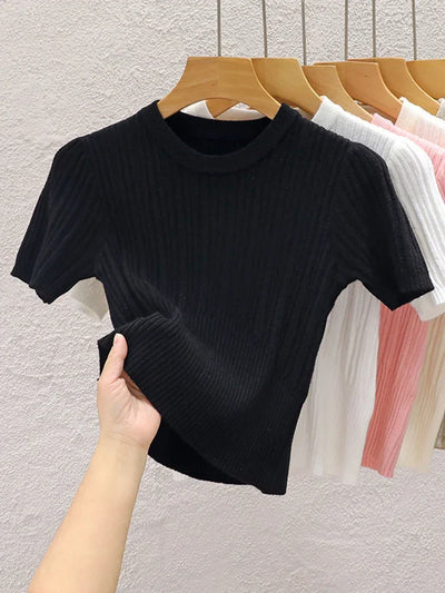 Summer T shirts for Women Casual Female Korean Knit Streetwear Tees Basic Solid Young Cool Tops