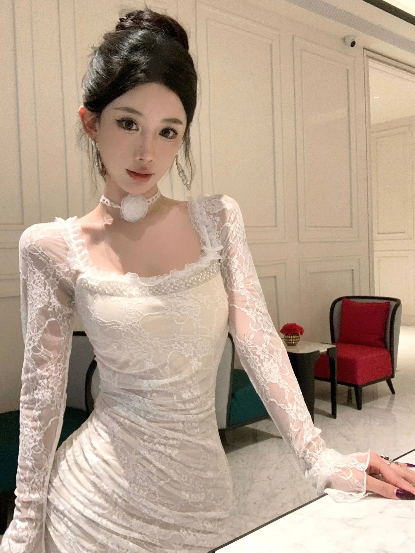 Women Korean Fashion Chic Luxury Evening Dress Autumn Winter White Lace Diamond Square Collar Dress 2025 Elegant Mermaid Dresses