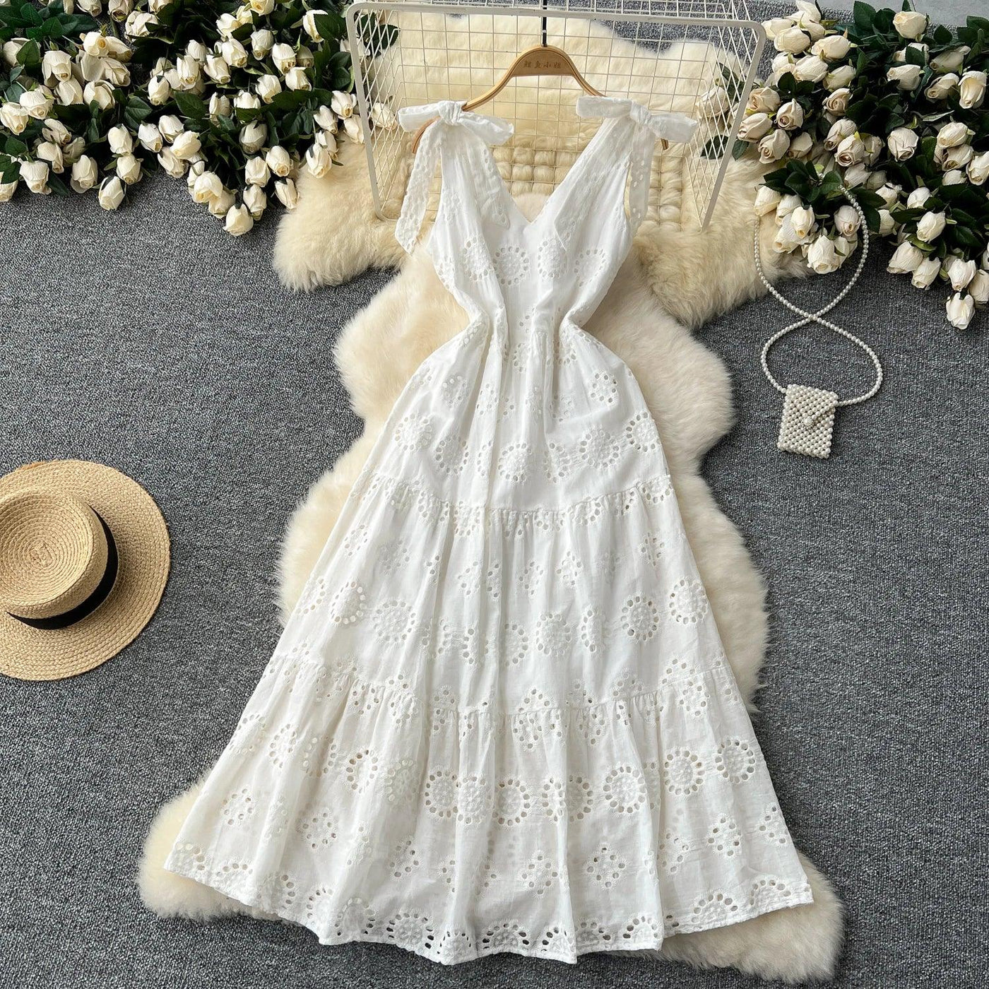 French Vintage Hollow Out Embroidery Butterfly Bow Bandage Slip Dress A-line Chic Casual Beach Vacation Women Summer Dresses