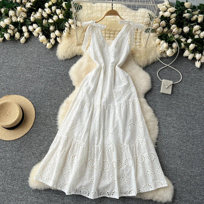 French Vintage Hollow Out Embroidery Butterfly Bow Bandage Slip Dress A-line Chic Casual Beach Vacation Women Summer Dresses
