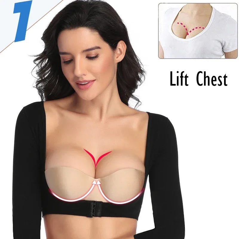 Upper Arm Shaper Post Surgical Slimmer Compression Sleeves Posture Corrector Tops Shapewear for Women 3/4 Sleeve Crop Top Nude