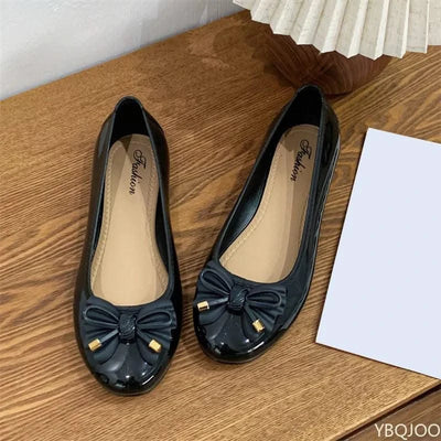 Women's Low cut Bow Patent Leather Slip on Ballet Flats Casual Shoes