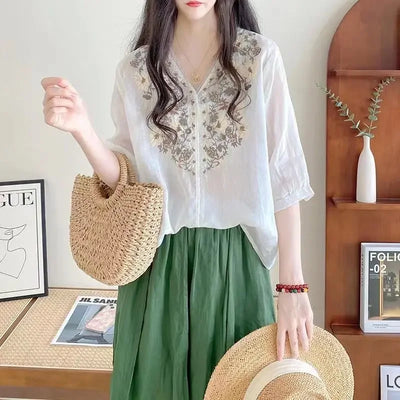 Women's Clothing Linen Blouse White V-Neck Embroidered Shourt Sleeve Loose Fit Artistic Casual Feminine Fashion