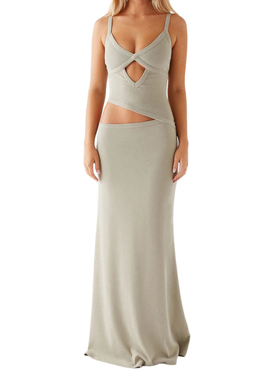 Women Slip Dress Summer Elegant Sleeveless V-neck Backless Hollow Out Bodycon Long Dresses Maxi for Party Cocktail Prom Club