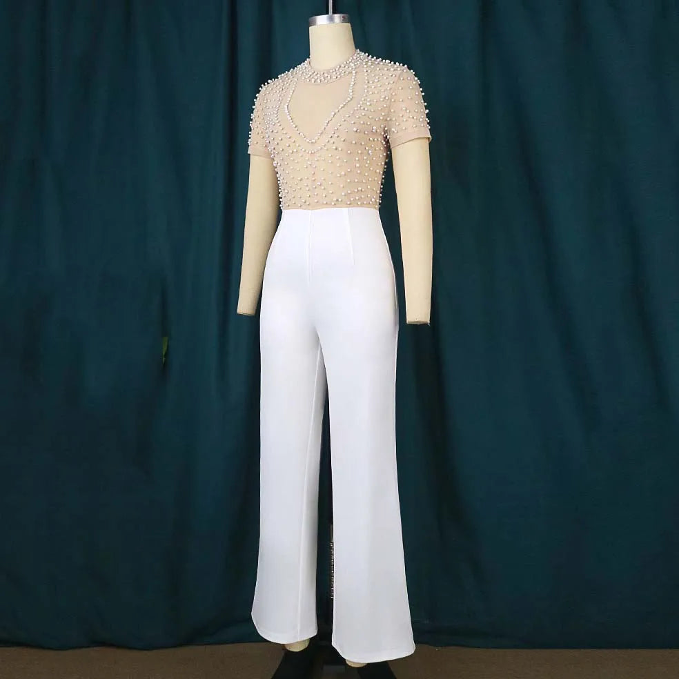 Elegant Jumpsuits & Rompers for Women O Nec Short Sleeve Beaded High Waisted Luxury Female Birthday Dinner Party Overalls Outfit