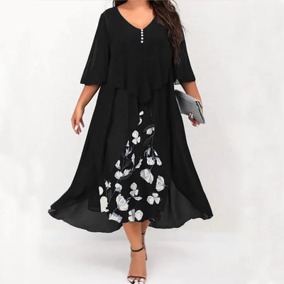 Summer Plus Size Dresses For Women New Casual Patchwork Flower Print Long Sleeve Dress Retro Elegant Female Dresses