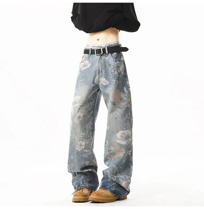 Printed denim jeans men American hip-hop High quality men women trendy retro floral print straight leg loose wide casual pants
