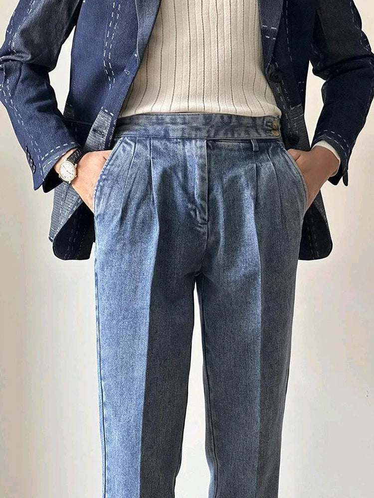 Naples Jean Trousers For Men 2024 Fall Trendy Solid Color Washed Denim Pants Mens Stylish Slim Fit Draped Design Straight Jeans