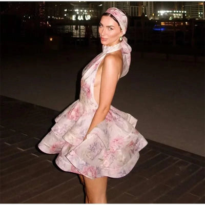 New Summer Party Dress Sweet Print Backless Mini Gown Women Elegant Lace Up Sleeveless A-line Vestidos Female Beach Holiday