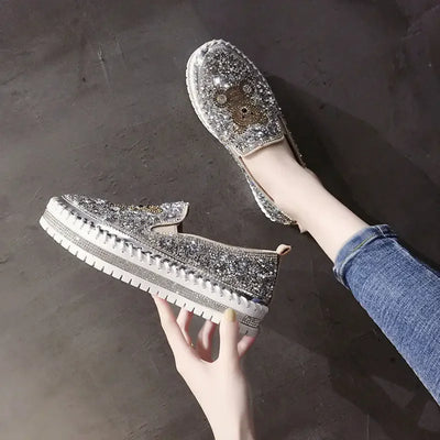 Autumn Women Thick Bottom Sneaker Running Fashion Designer Woman Shoes Trend 2024 Casual Canvas Mirror Luxury Rhinestone Spring