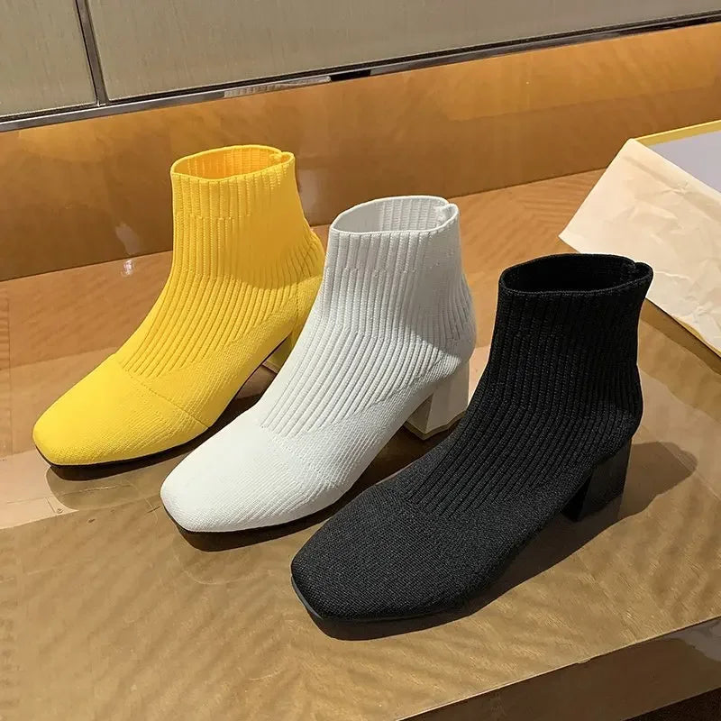 Stretch  Sock Boots For Women Shoes Square Heel Yellow Knitting shoes Elastic Cottton Boots Lady Footwear