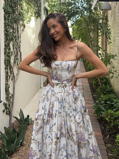 Elegant Women Summer Dresses Floral Printing Strap Backless Sleeveless High Waist Pleated A-line Party Vestidos Chic lady outfit