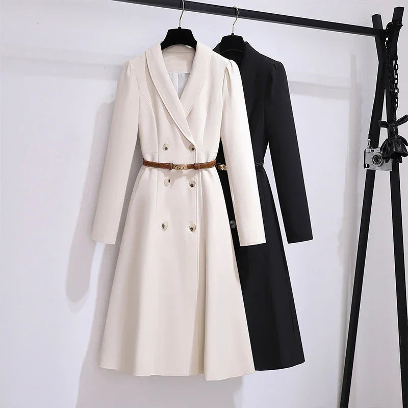 Women's Dress Double Breasted Elegant Dresses for Women 2025 Autumn Off white Dress Belt Knee-Length Solid Fashion Woman Clothes