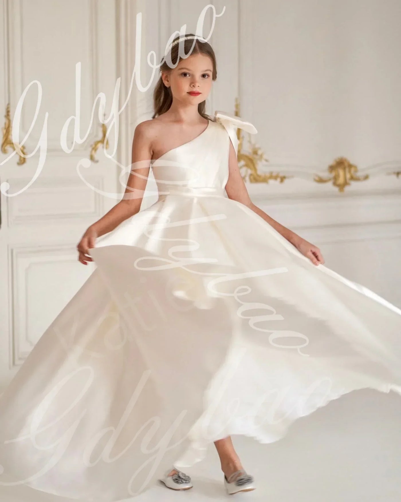 Sky Blue Satin Flower Girl Dress For Wedding One Shoulder With Bow Princess Kids Birthday Party First Communion Ball Gowns