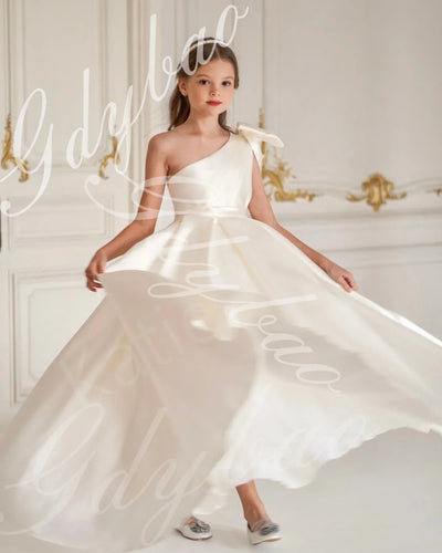 Sky Blue Satin Flower Girl Dress For Wedding One Shoulder With Bow Princess Kids Birthday Party First Communion Ball Gowns