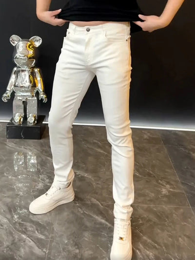 European Fashion White Jeans Men 2024 Summer Solid Color Streetwear Biker Elastic Skinny Zips Simple Cacual Long Denim Trousers