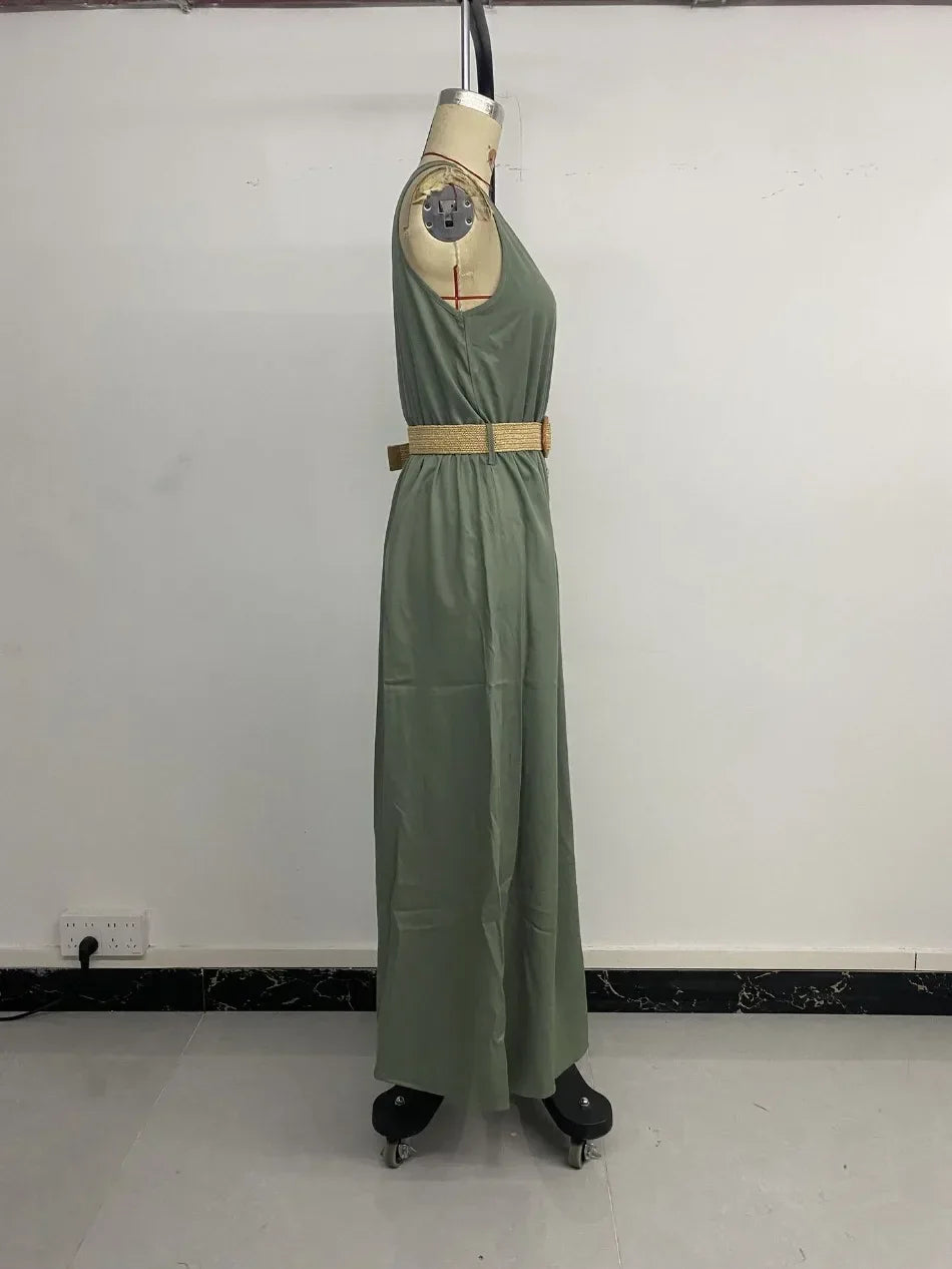 New European and American Dress for Women Clothing Leisure Vacation Simple Split Fork Solid Sleeveless V-neck Dress with Belt