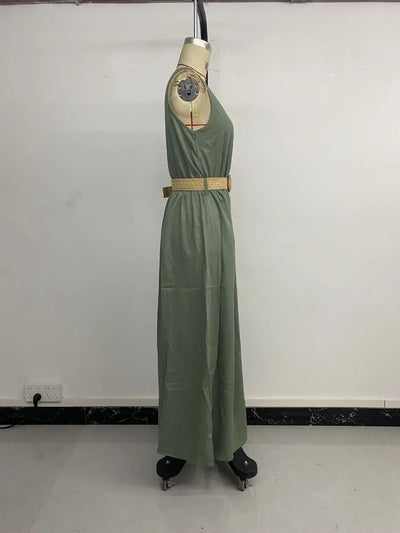 New European and American Dress for Women Clothing Leisure Vacation Simple Split Fork Solid Sleeveless V-neck Dress with Belt
