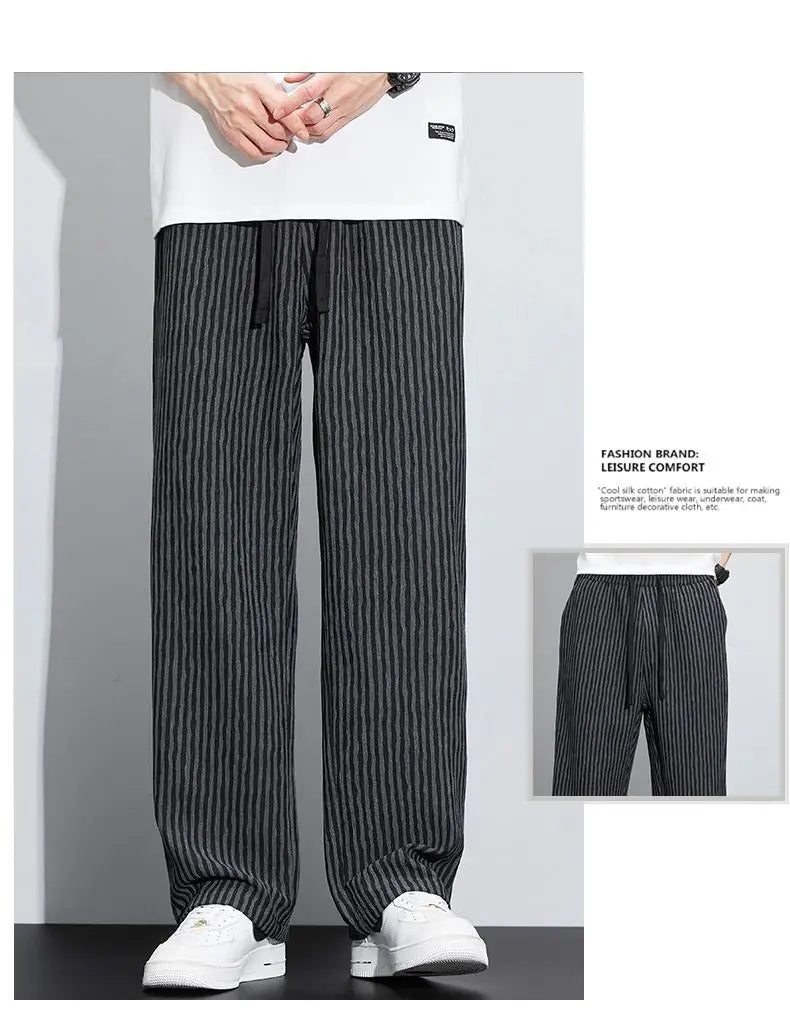 New Men's Trousers with a Sense Design Featuring Unique Stripe Pattern Hanging Wide-leg Loose Straight Casual Long Pants