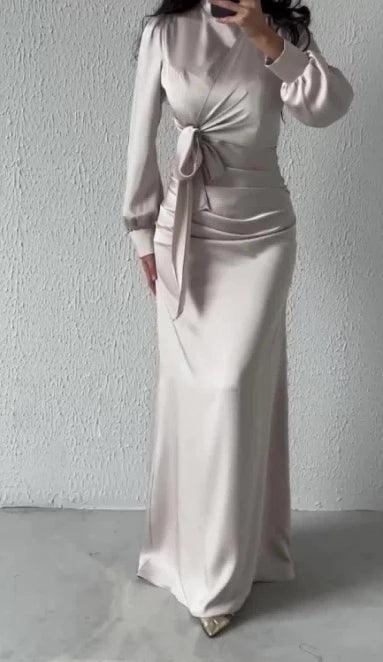 Dresses for Women 2024 Autumn Elegant Fashion Temperament Commuting Long Sleeves Round Neck Skinny Satin Party Evening Dress