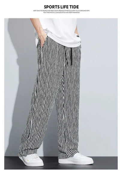 New Men's Trousers with a Sense Design Featuring Unique Stripe Pattern Hanging Wide-leg Loose Straight Casual Long Pants