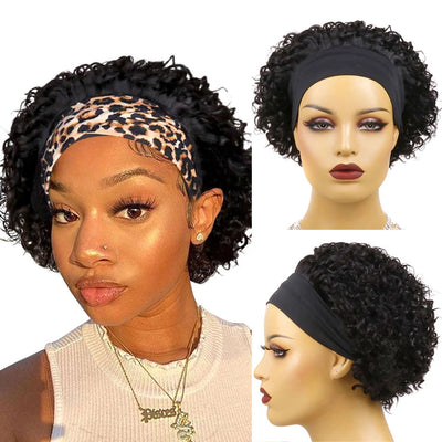 Curly Headband Wig Human Hair - Short Bob Kinky Curls, Universal Cap Fit Wig for Women with Headband, Fashionable &Machine Made