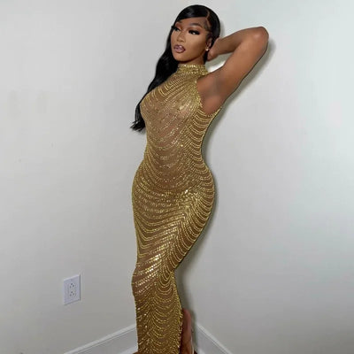 Sexy Sheer Mesh Studded Maxi Dress Women Sheath Backless Party Dress Clubwear