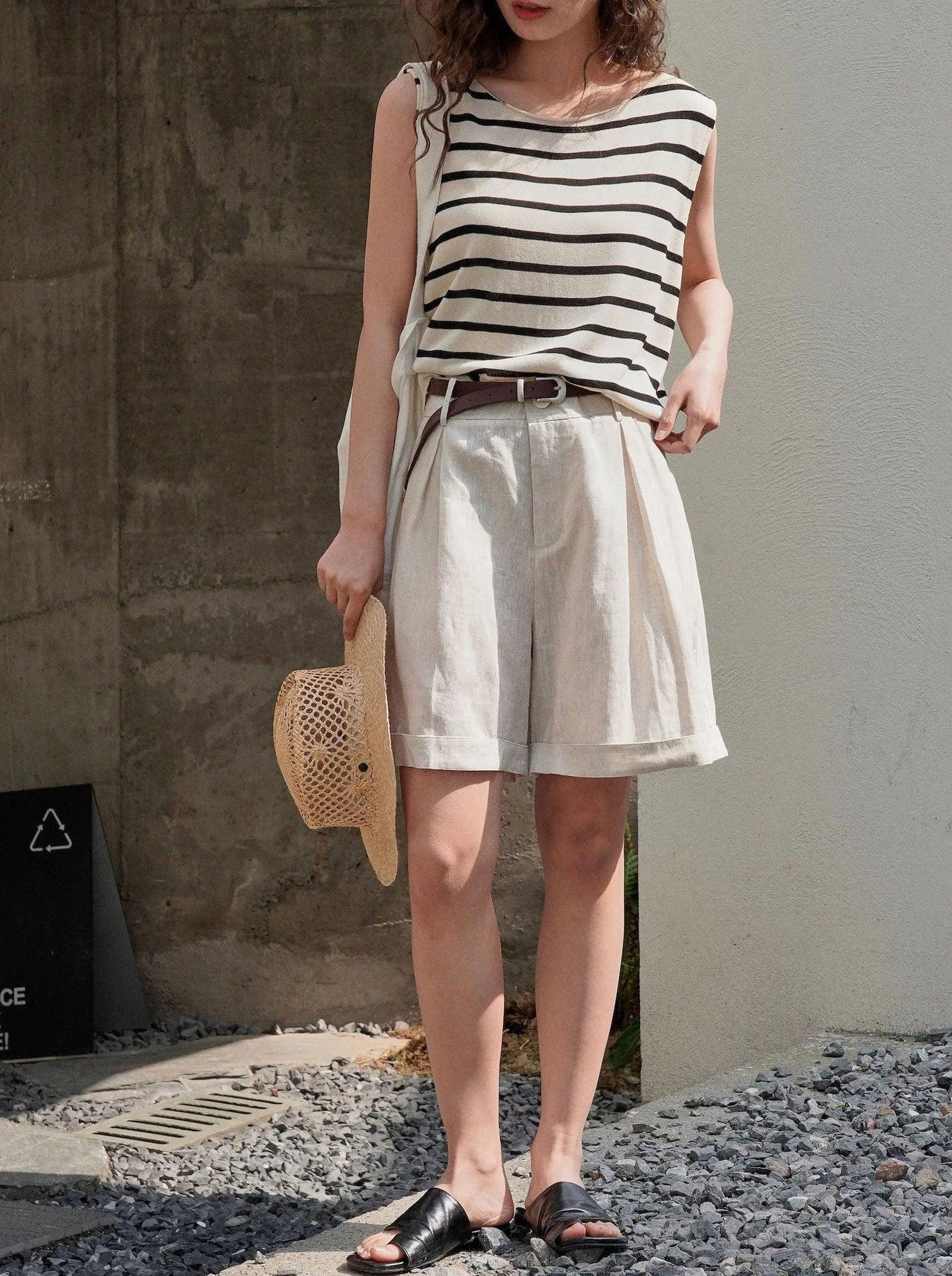 Summer Korea Style Lazy Linen Curled Bermuda Shorts Wide Leg Loose Slim Casual Hot Pants For Women