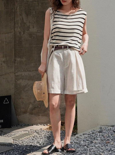 Summer Korea Style Lazy Linen Curled Bermuda Shorts Wide Leg Loose Slim Casual Hot Pants For Women