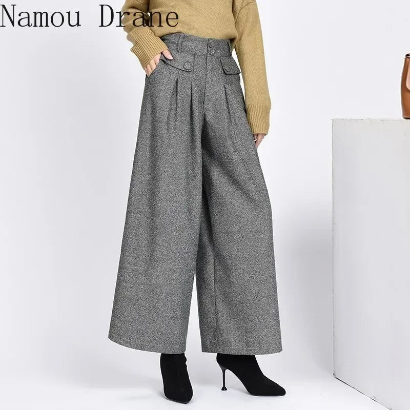 2023 Winter Warm Wool Women's Pants Female High Waist Pleated Wide Leg  Capris for Women Trousers Woman  4xl