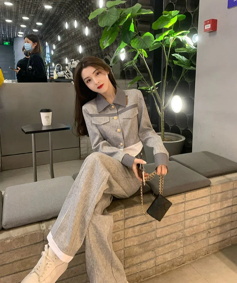 Trousers Woman Office Grey Wear To Work Top and Pant Sets for Women 2 Pieces Professional Spring Autumn Korean Style Luxury Full