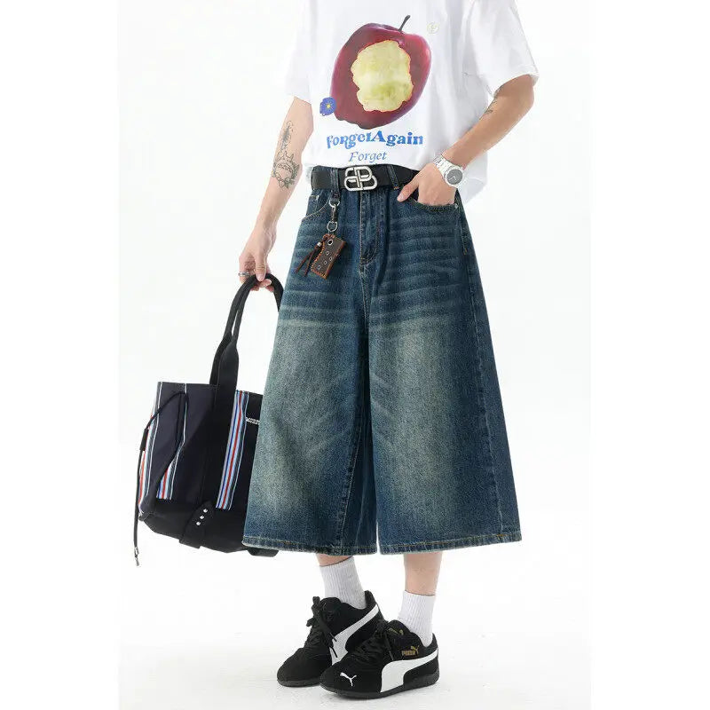 Trendy High-Waisted Wide-Leg Cropped Jeans for Men 2025 Summer Casual Stretch Denim Capri Pants Comfort Fit & Stylish Outfit 8XL
