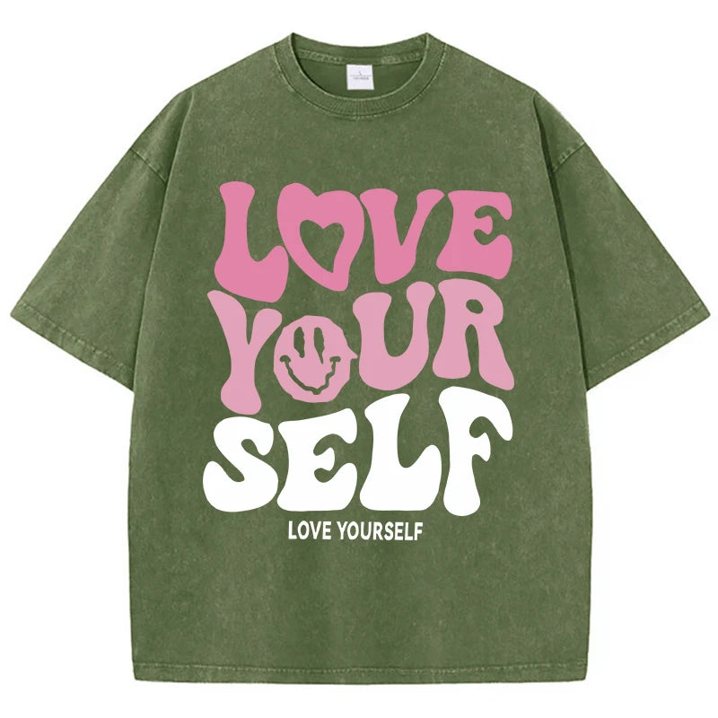 Women'S Cotton Washed T-Shirts Trend Distressed Loose Tees Love Your Self Letter Printing Short Sleeve Summer Female Clothes