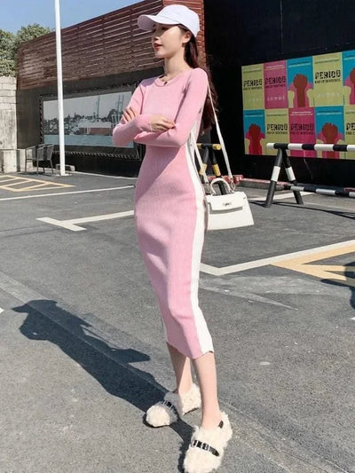 Pink Woman Dress Black Bodycon Maxi Knitted Robe Long Dresses for Women Evening Crochet Round Neck Clothes Sensual Sexy Hot Y2k