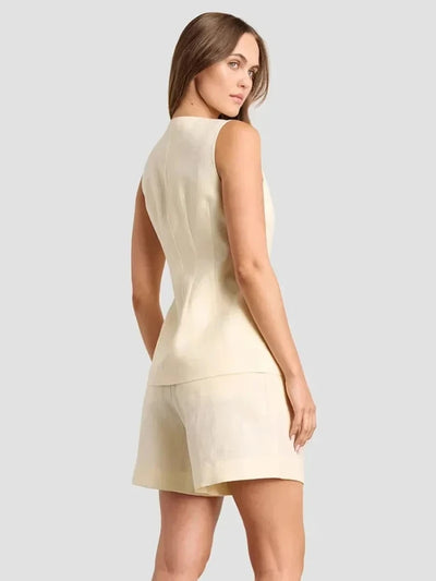Cotton and Linen Chic Casual Vest Shorts Set Women Summer New Fashion Commuter Sleeveless Single Breasted Tank Top Shorts Suits
