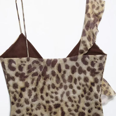 TRAF Leopard Crop Tops For Women Ruffle Sleeveless Printed Tops Summer Backless Tulle Camisole Top Woman Sexy Asymmetrical Top