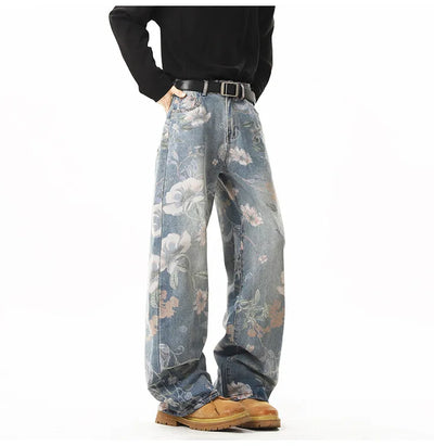 Printed denim jeans men American hip-hop High quality men women trendy retro floral print straight leg loose wide casual pants