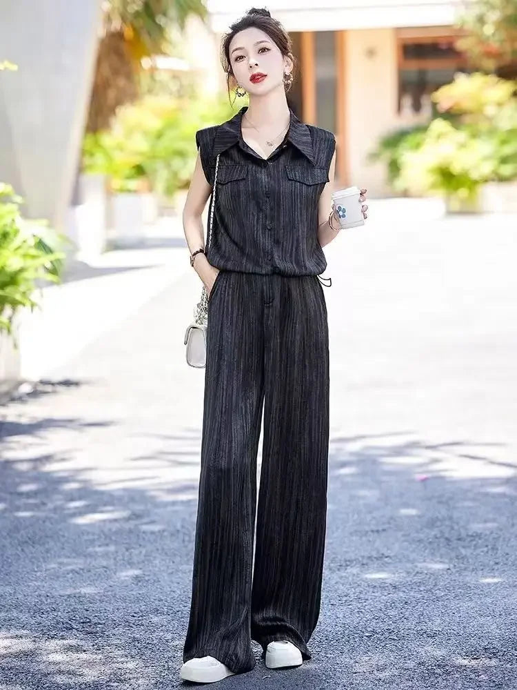 Wear To Work Shirt Ladies Trouser Black Women's Blouse and Pants Two Piece Set Professional Wide Leg Office Baggy Stripe Outfit