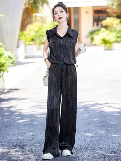 Wear To Work Shirt Ladies Trouser Black Women's Blouse and Pants Two Piece Set Professional Wide Leg Office Baggy Stripe Outfit