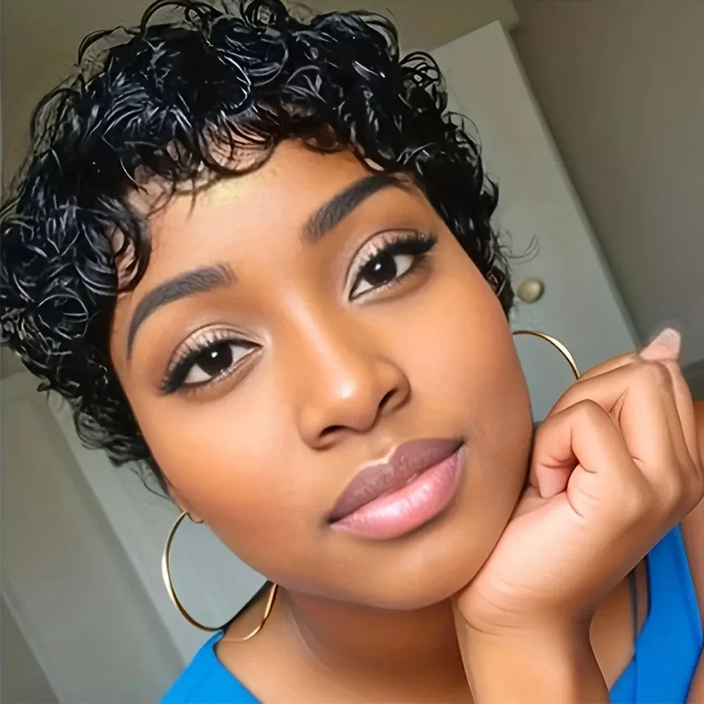 LD Curly Wigs Human Hair Short Curly Human Hair Wig for Women Natural Black Pixie Cut Wigs for Black Women Machine Made Wig