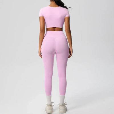 Yoga Set 2 Pieces Women Tracksuits Workout Sportswear Gym Clothing Fitness Short Sleeve With Padded High Waist Leggings Suits