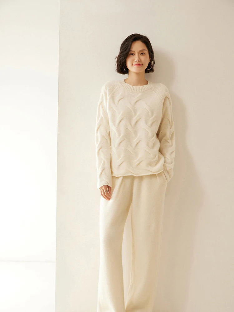 ADDONEE Women 100% Cashmere Pants Pleated Waist Wide Leg Pants Casual Simple Style Autumn Winter Cashmere Knit Trousers Luxury