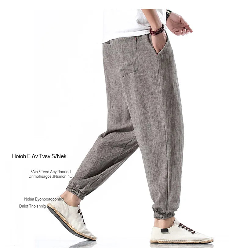 Men's Cotton and Linen Trousers Harem Pants Cuffed Fashion Trousers Linen Slim Pants Beach Pants Joggers Streetwear Loose Pants