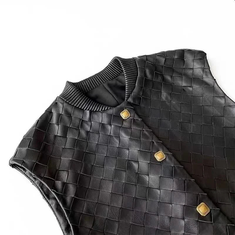 Luxury Hand Knittd Leather Jacket For Women 2024 NEW Female Retro Square Buttons O-Neck Long Vest Waistcoat with Elastic Blet