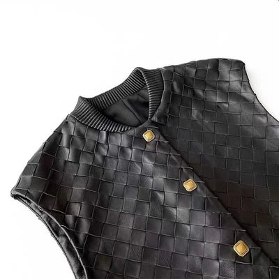 Luxury Hand Knittd Leather Jacket For Women 2024 NEW Female Retro Square Buttons O-Neck Long Vest Waistcoat with Elastic Blet