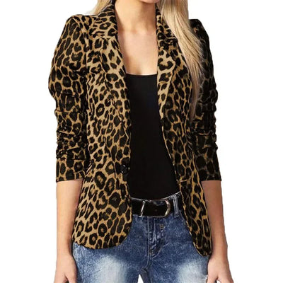 Women Casual Leopard Print Cardigan Jacket Coat Button Outwear Thin Blouses V-Neck Slim Polyester Spandex Women's Blazer