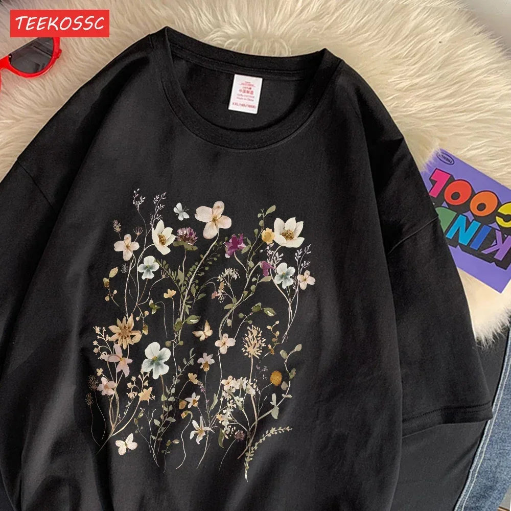 Women'S T-Shirts Beautiful Spring Flower Clusters Printed Short Sleeve O-Neck Breathable Summer Trend Female Clothes