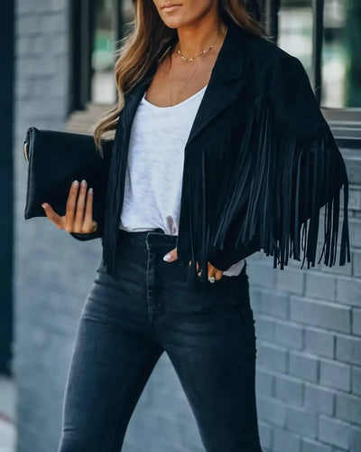 Fringed Bomber Jacket Women Long Sleeve Turn-down Collar