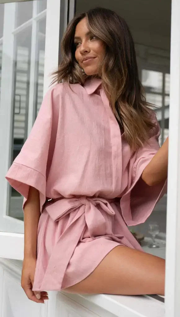 Women's Jumpsuit Spring/summer New Style With Collar Mid Sleeves Waist Strap Fashionable Loose Short Style Solid Color Jumpsuit