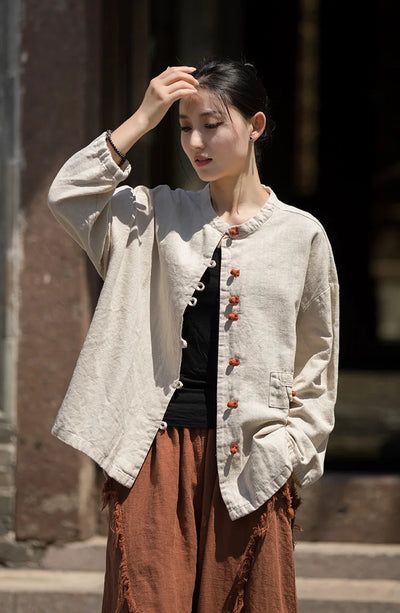 Cotton Linen Women's Literary Vintage Ramie Tops Shirt Women's Patchwork Colour Plate Button Lapel Cardigan Jacket Chinese Style
